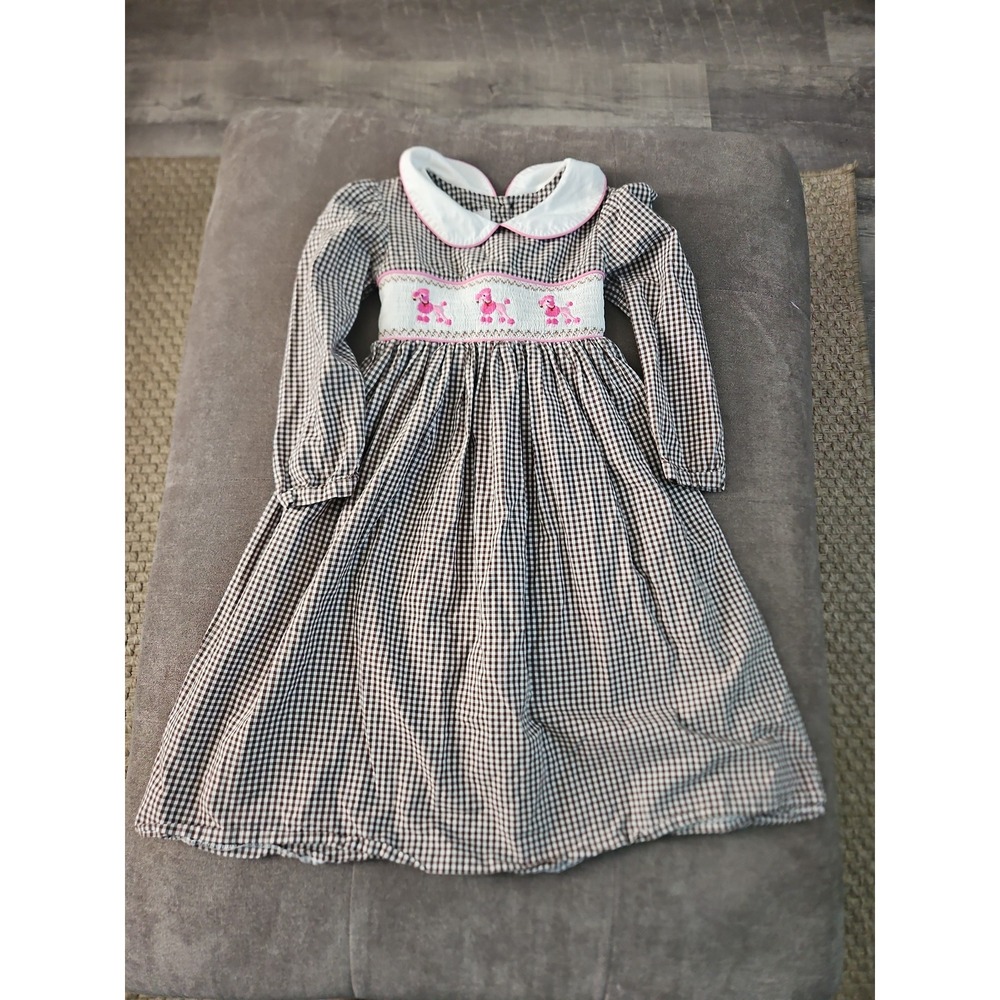 Marmellata Girls Brown Gingham Smocked Poodle Embroidered Long Sleeve Dress 6X